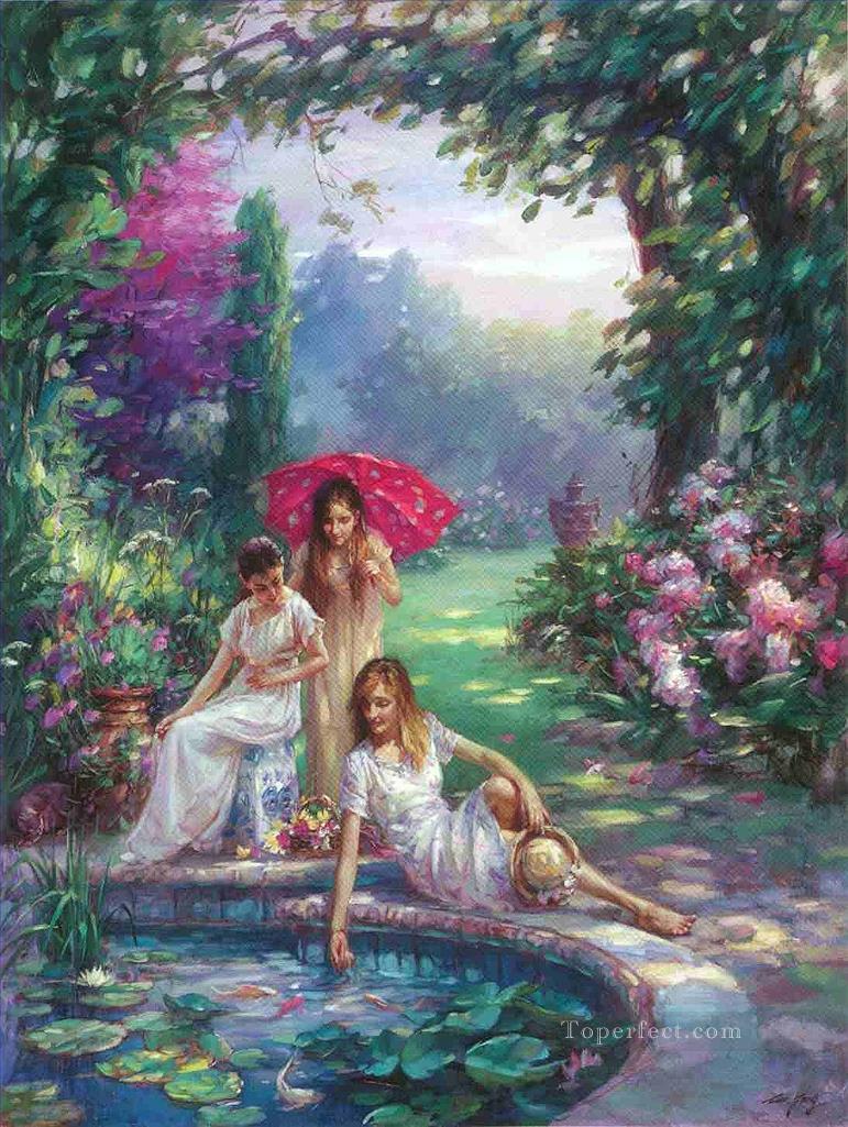 庭の鯉の池の女の子油絵